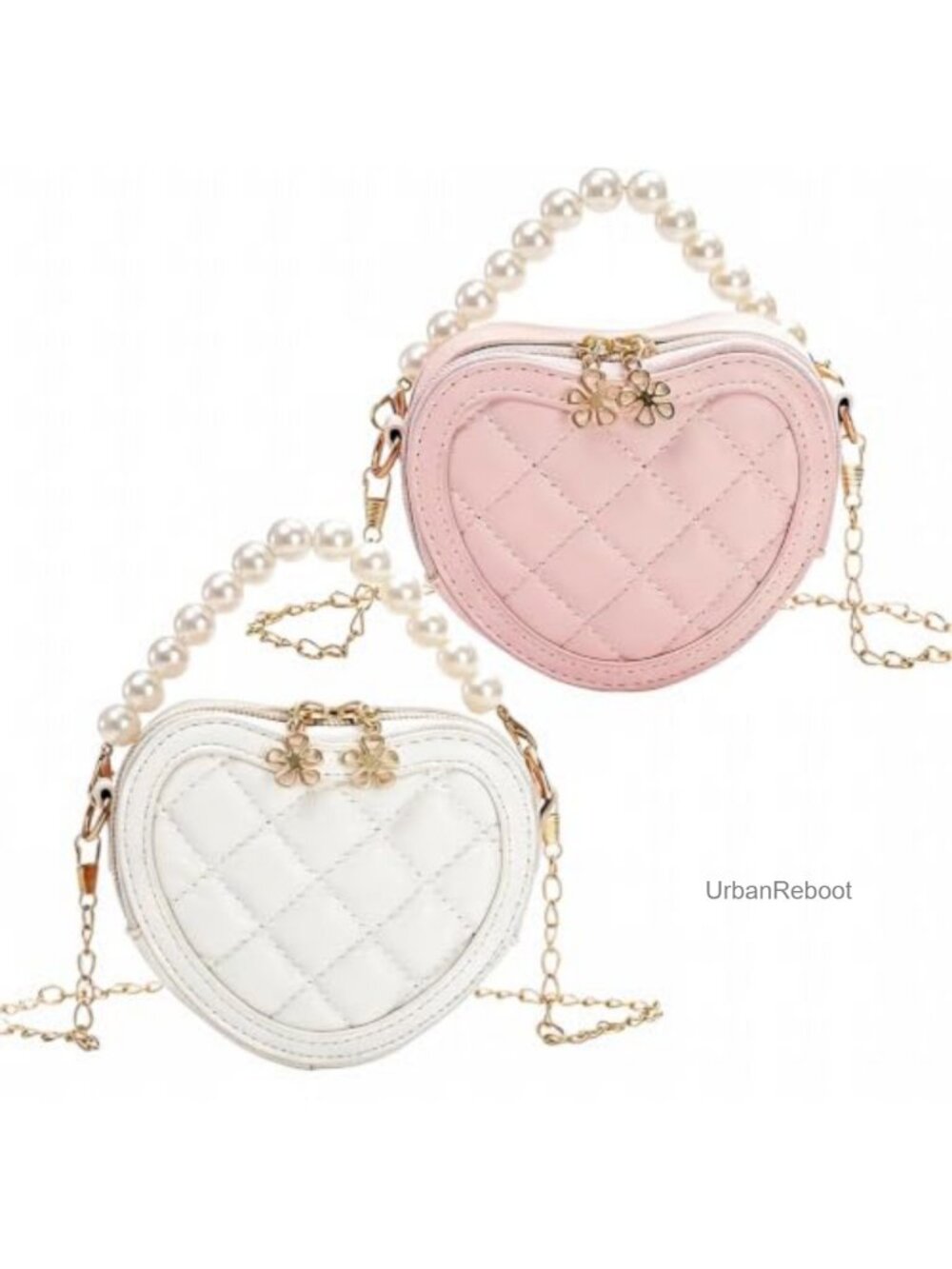 Heart Shaped Girls Crossbody Bag 2 Pack with Pearl Handle Faux Leather Mini